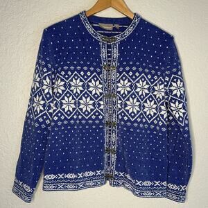 Periwinkle White Fair Isle Ski Sweater Silver Toggles Chenille Cardigan Winter